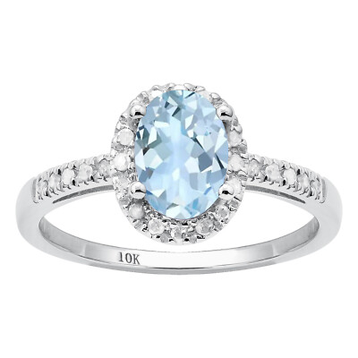 10k White Gold Oval Aquamarine and Diamond Halo Ring