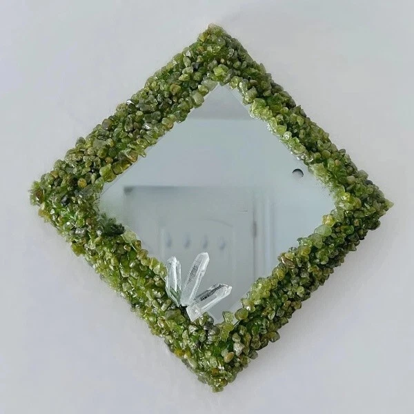 Aventurine, Peridot & Quartz Crystal Round Mirror – Handmade Gemstone Wall Decor - Image 4 of 4