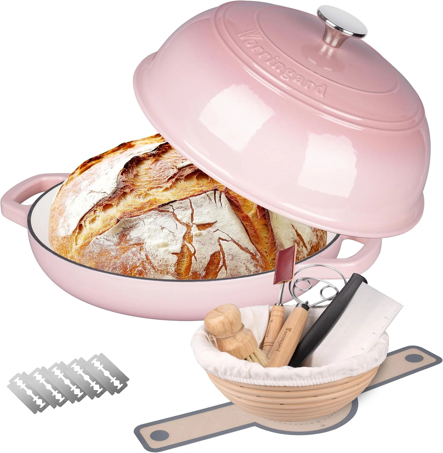 Pink Enameled Cast Iron Dutch Oven Set for Sourdough Baking, 6 Quart