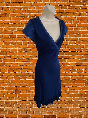 CREW CLOTHING BLAUES KLEID GRÖSSE UK10 VISKOSE SEIDE DAMEN KURZARM V-AUSSCHNITT RÜSCHEN