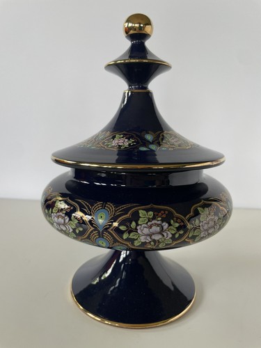 Cobalt Blue & Gold Floral Lidded Porcelain Candy Dish & Ashtray Florence Italy - Picture 3 of 12