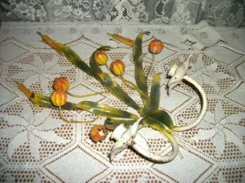 Italian Tole Candle Sconce Cottagecore Cattails Orange Japanes Lantern Flowers - Image 4 of 4