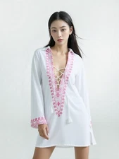 Melissa Odabash Dora  Dress Cover Up Sz S White/Hot Pink Mini Kaftan Embroidered
