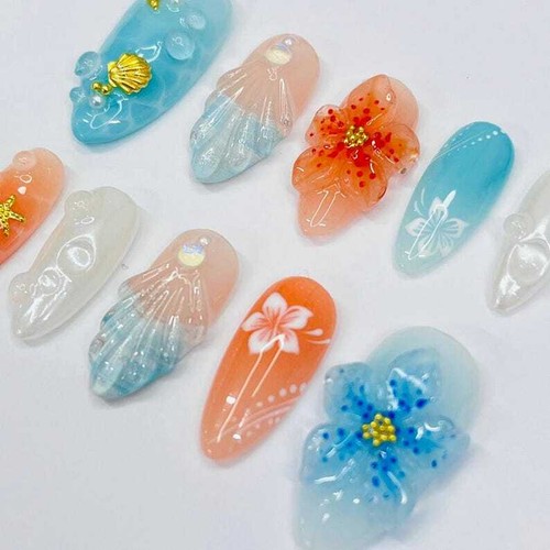 Ocean Bloom Press-On Nails, 3D Shell & Floral, Medium Almond Summer Nails - Picture 5 of 9