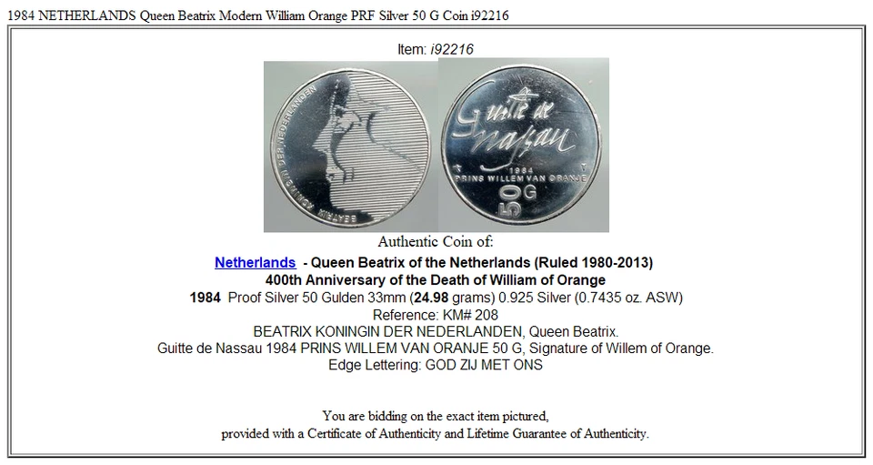 1984 NETHERLANDS Queen Beatrix Modern William Orange PRF Silver 50 G Coin i92216 - Image 3 of 3