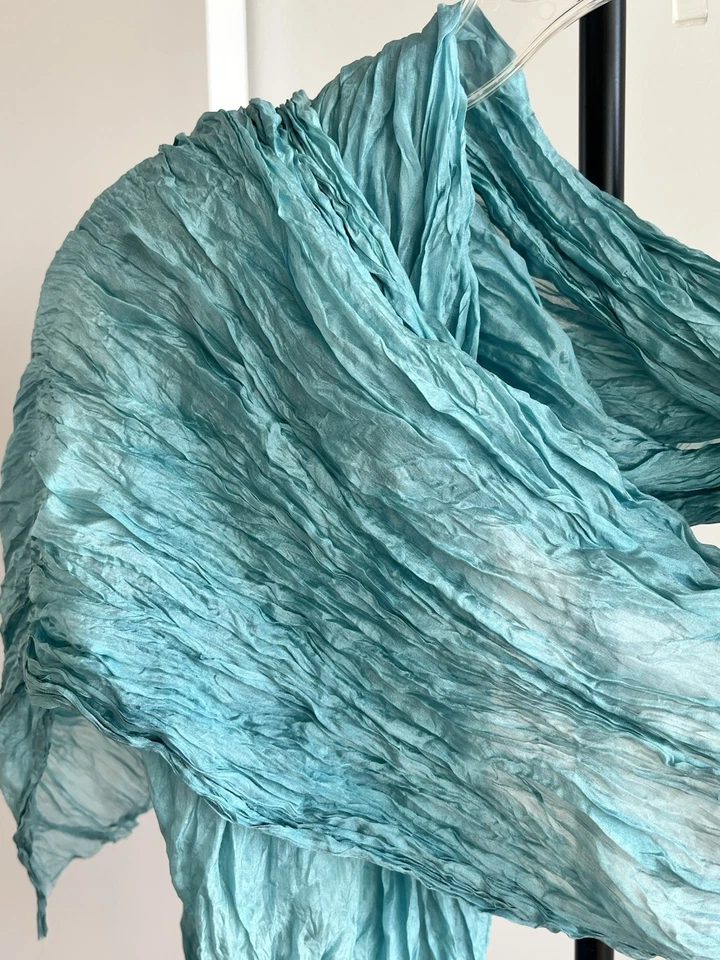 New FabIndia Style Crinkled Scarf Stole Dupatta Silk Teal Turquoise Blue 62" L - Image 3 of 4