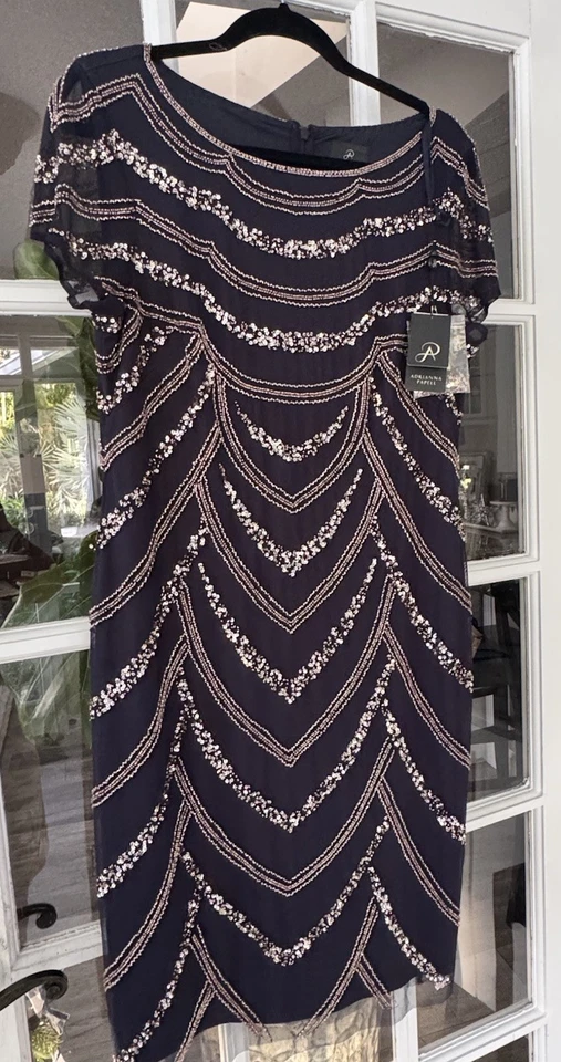 Vestido de Cóctel Adrianna Papell Azul Marino Oro Rosa Lentejuelas Talla-14 ¡Nuevo con Etiquetas! Foto 2 de 4