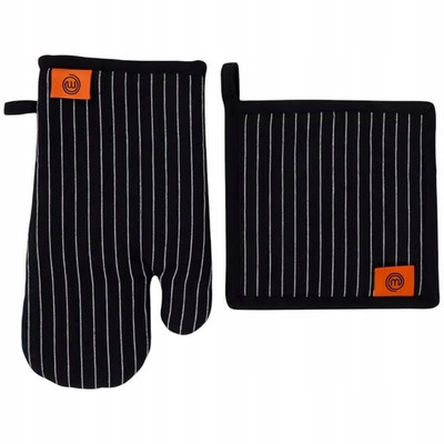 MasterChef Ofenhandschuh & Topflappen Set Schwarz Weiß Gestreift Hitzeschutz