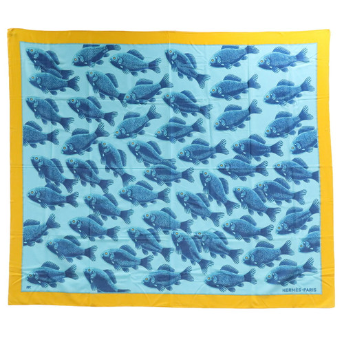 HERMES Large Stole, Scarf, Muffler, Shawl, Pareo, Fish Motif, 100%... GZl1fqav