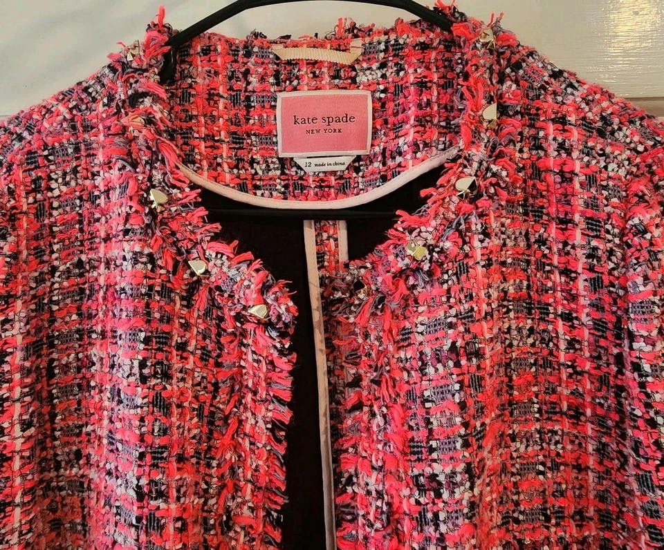 KATE SPADE NEW YORK MULTI TWEED OPEN JACKET WOMENS SIZE 12 HOT PINK POCKETS STUD - Image 2 of 4