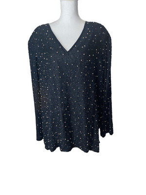 Scala Womens Black Gold Beaded V-Neck Silk Blouse Size 2X