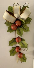 Metal Holly Leaves On Metal Bow Berry Bells Door Decor Or Wall 27”