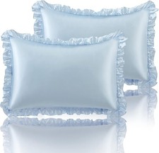 Ruffled Standard Satin Pillowcase Set of 2, Baby Blue Silky Satin Pillow Cases