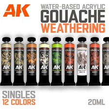 AK Interactive: GOUACHE - Water Based Weathering Paint - Singles 12 Colors