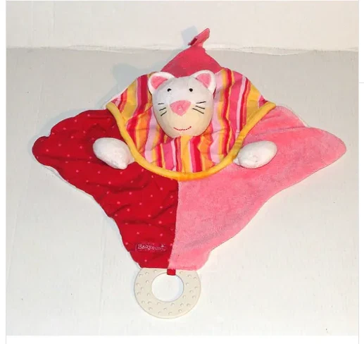 Doudou Plat Chat Anneau Dentition Attache Tetine Rose Rouge Orange Babysun - Photo 1/1
