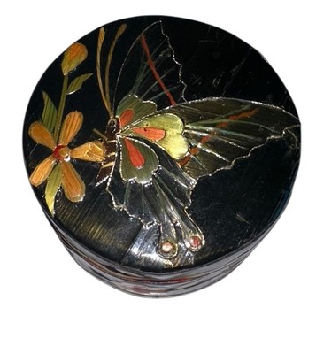Vintage Chinese Bamboo Round Trinket Box Black Butterfly Marquetry Style