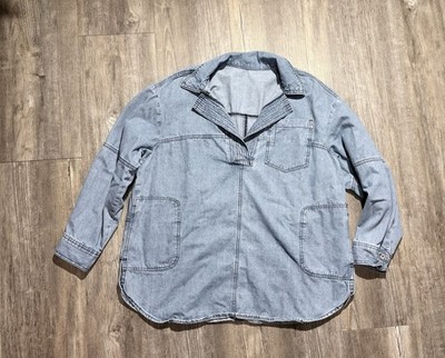 Woman's casual V-Neck Denim Shirt Jacket XXL Pockets Wardrobe Essential Blue