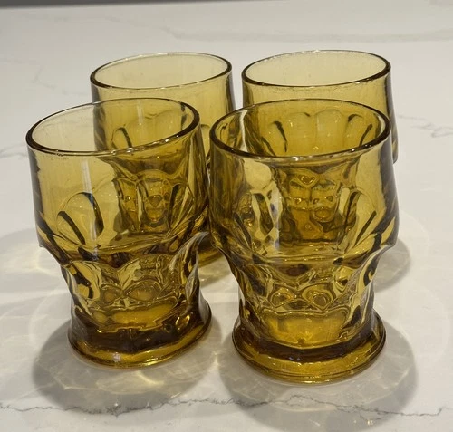 4 Vintage Anchor Hocking Georgian Amber Glasses  Honeycomb Tumblers 4 1/4" 8 oz