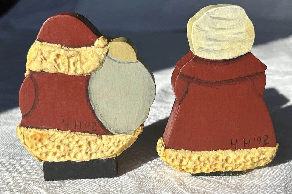 Vintage ‘92-‘95 Primitive Hand Made By HH Santa & Mrs Claus  Wood Christmas 4-6” - Image 3 of 4