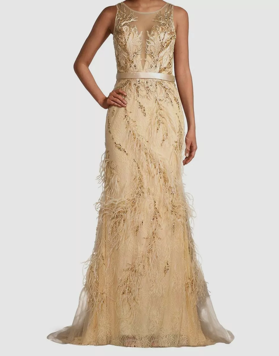 695 Basix Women s Beige Feathered Lace Deep V Neck Gown Dress Size 2