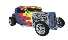 Blue Hot Rod With Flames Iron On Sew On Embroidered Patch 4 1/2 "X 2 1/4"