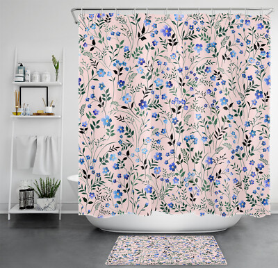 #ad Botanical Leaf Blue Wildflower on Pink Shower Curtain Bathroom Accessories Set $26.99