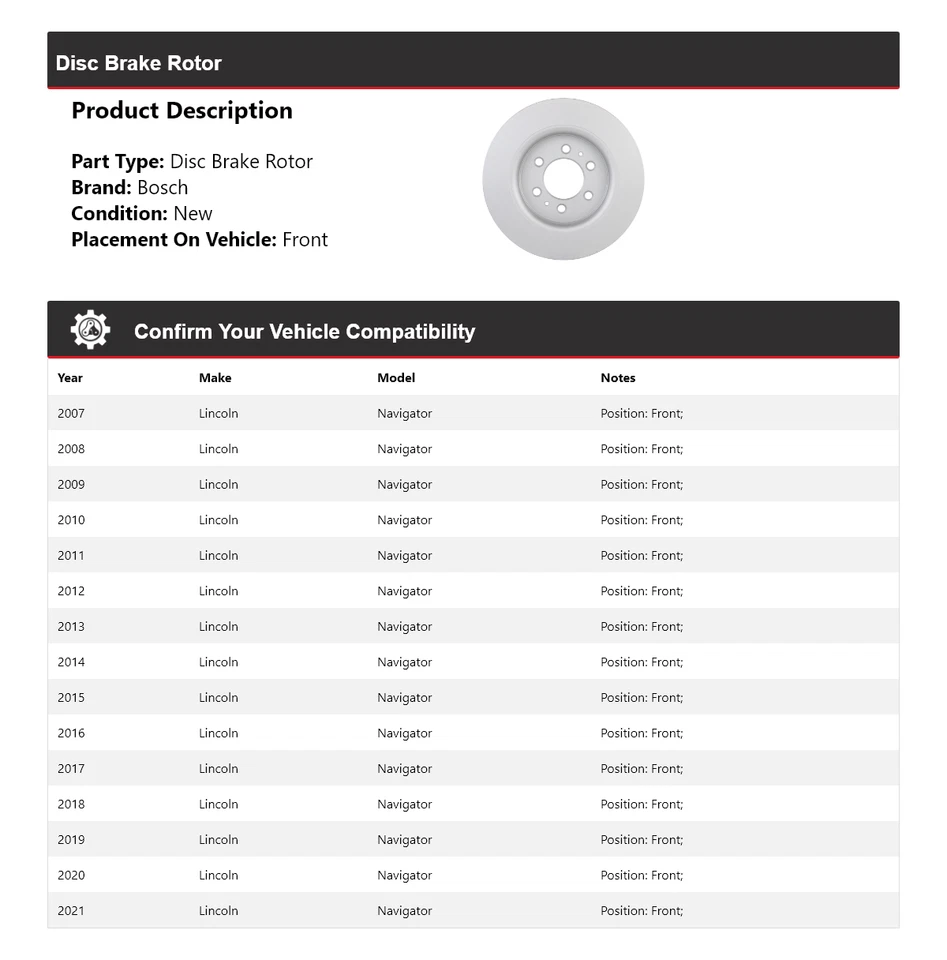 Para 2007-2021 Lincoln Navigator Bosch QuietCast rotor de freio a disco dianteiro 2008 2009 - Imagem 2 de 4