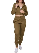 Women Zip Crop Hoodie Top & Jogger Set Ladies 2 Piece Co-ord Tracksuit Gym Set