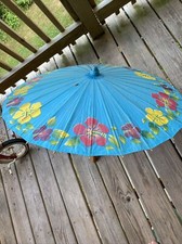 Vintage Chinese Oriental Umbrella Blue With Hawaiian Flowers 32" 23"