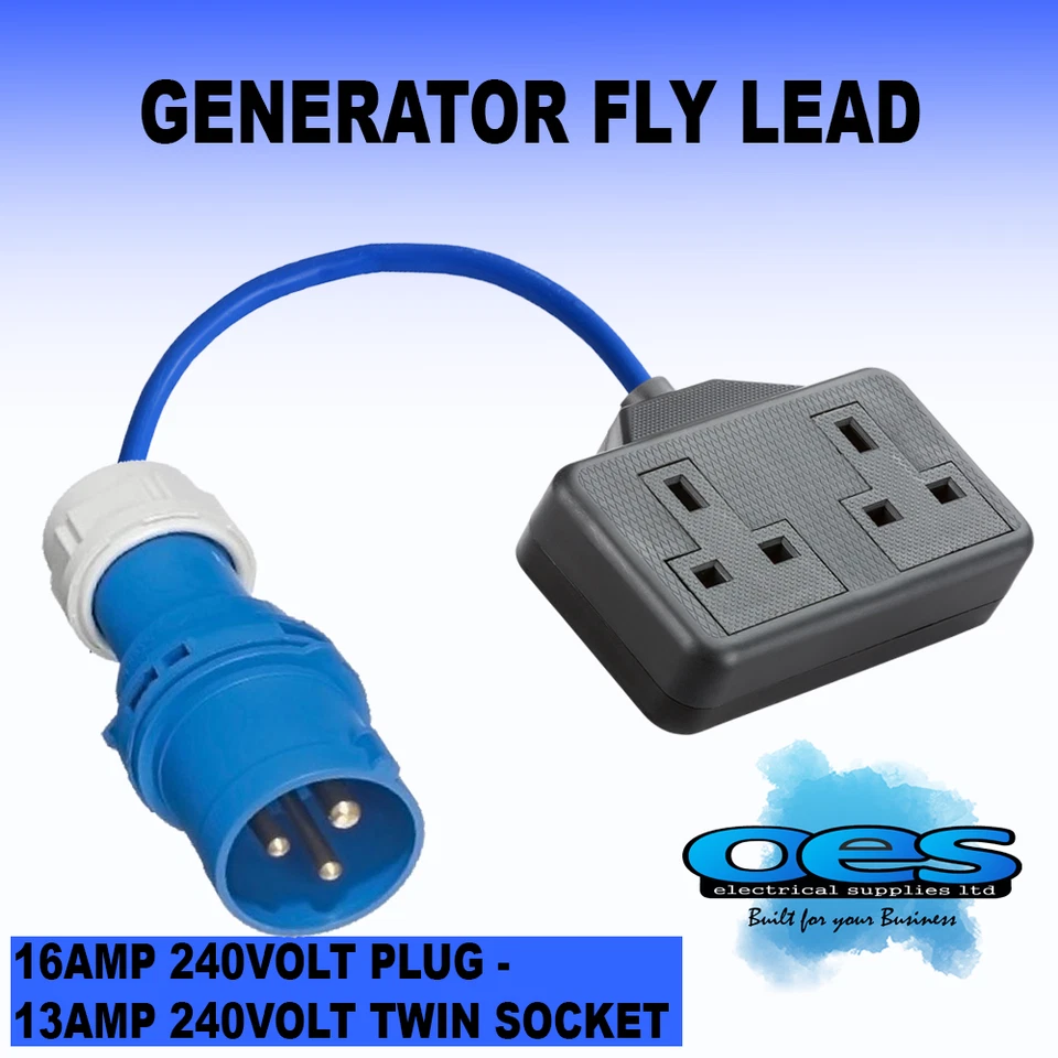 STORM GENERATOR FLY LEAD 16 AMP 2 P&E PLUG TO TWIN 13 AMP UK SOCKET 240V 2 GANG