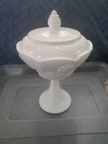 Vintage Indiana Harvest Milkglass Compote Candy Dish Lid Pedestal B18