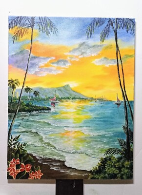 Art 18''/14''  Original Oil Painting, Hawaii Sunset. Waikiki BeachStretched Canvas
