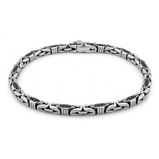 Men's 925 Sterling Silver Handmade Byzantine Chain Bracelet with Black Stones