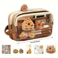 Cute Capybara Pencil Case with Lock - Aesthetic Kawaii Canvas Pouch, Clear Schoo