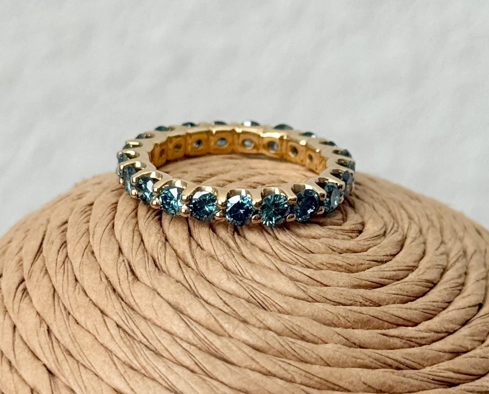 14K Yellow Gold Round Fancy Blue Natural Irradiated Diamond Eternity Ring 1.75ct - Image 3 of 4
