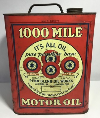 1000 Mile Motor Oil 8 US Quarts Can-Vtg Gas Oil Advertising-Pennsylvania & Ohio