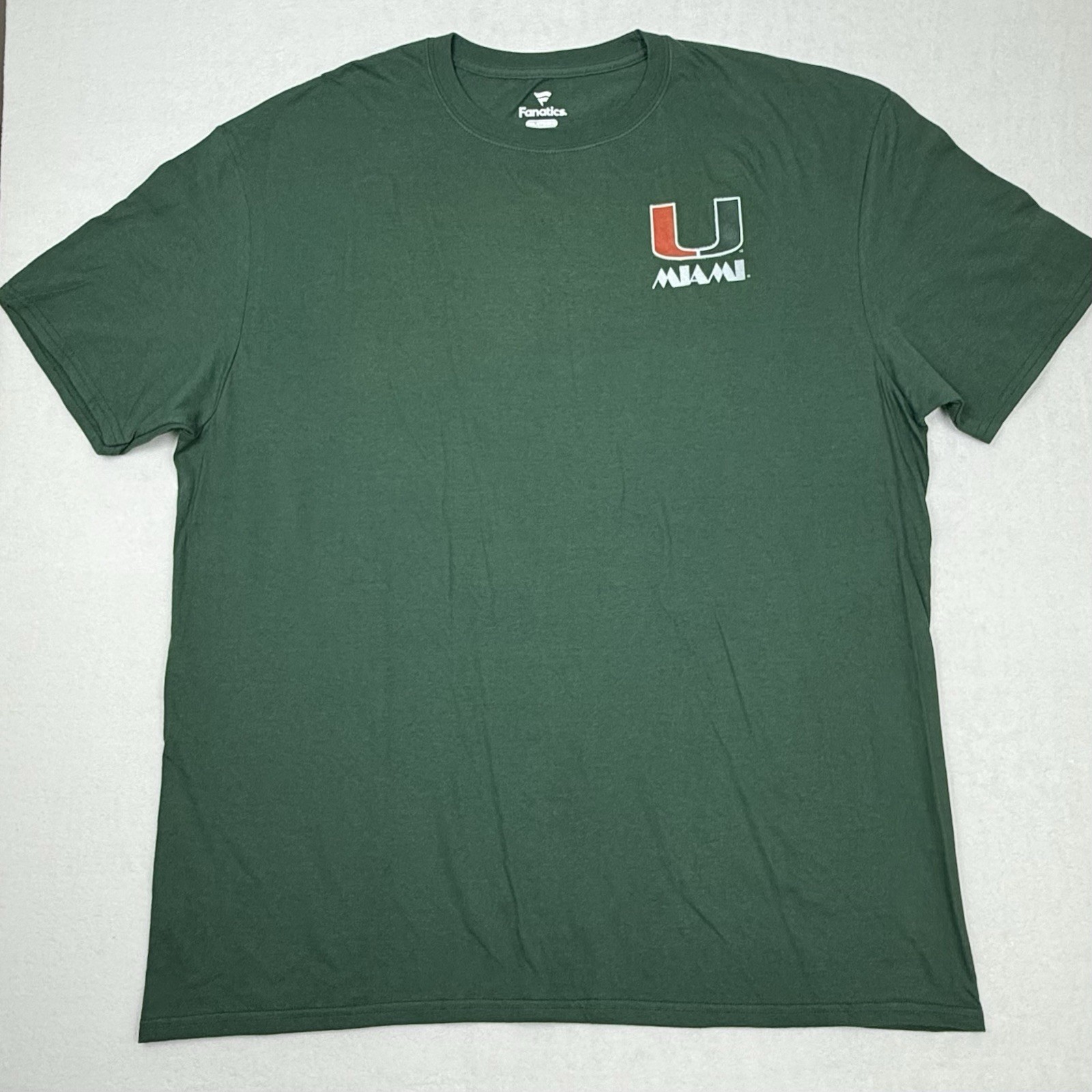 New Fanatics Miami Hurricanes T-Shirt Men's 2XL Green Short Sleeve PRINT FLAW