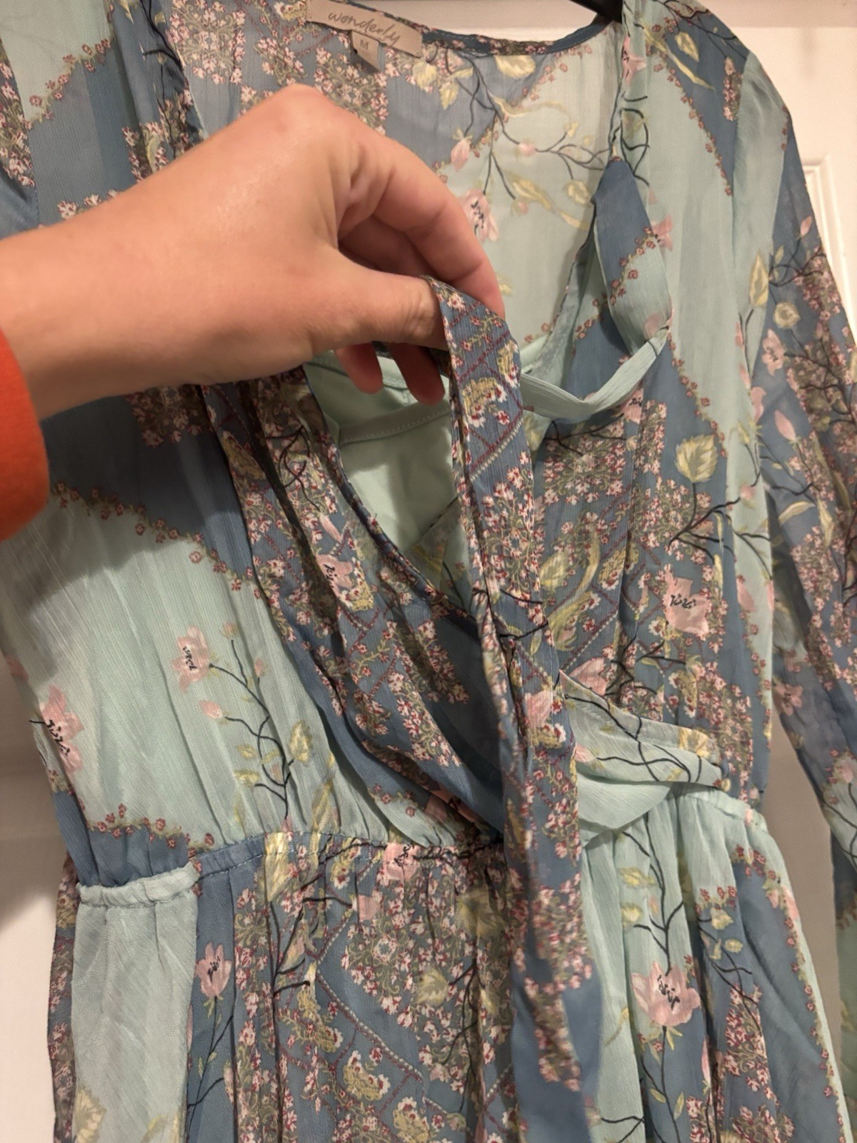 Wonderly Midi Dress Sheer Asymmetrical Hem Boho Flirty Blue Floral Medium