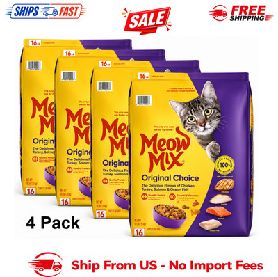 4 Pack Meow Mix Original Choice Dry Cat Food 16 lb Chicken Turkey Salmon Blend