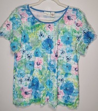 Kim Rogers Floral Ruffle Shirred Short Sleeve Blouse 1X Casual Romantic USA Made