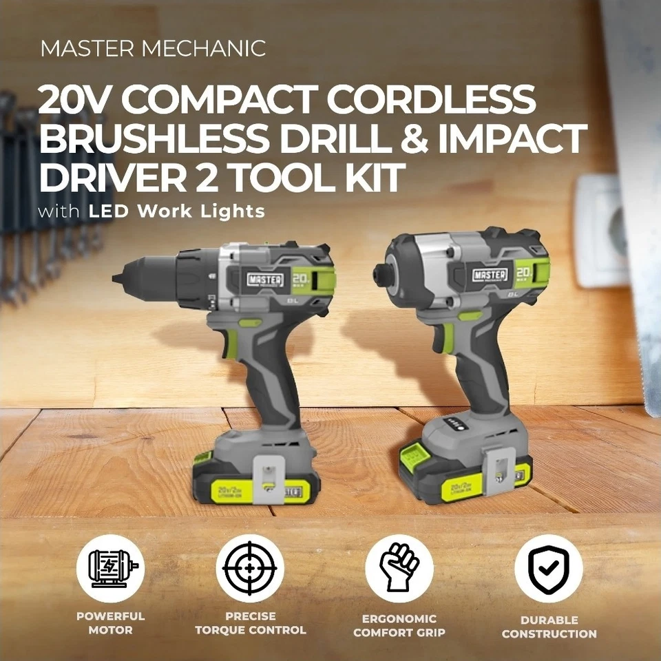 Master Mechanic 20V Cordless Brushless Drill & Impact Driver 2 Tool Kit - Image 2 of 4