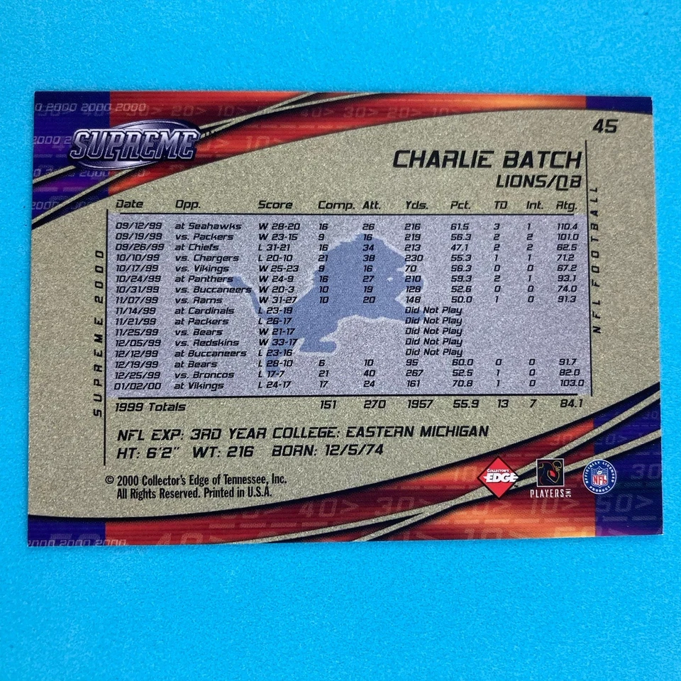 Charlie Batch 2000 Collector's Edge Supreme Card #45 NFL Detroit Lions - Image 2 of 2