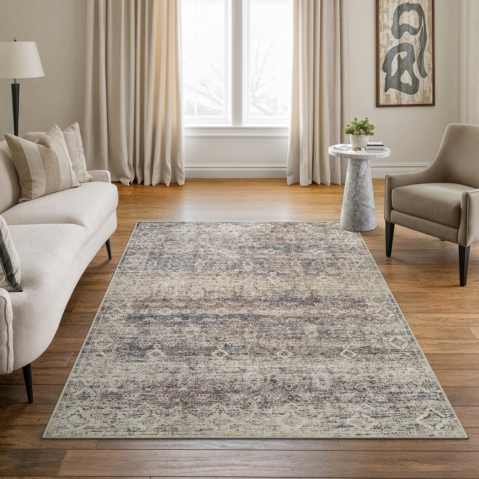 Caria Washable Non-Slip 5x7 Rug - Beige Brown/Teal Traditional Area Rug for L...