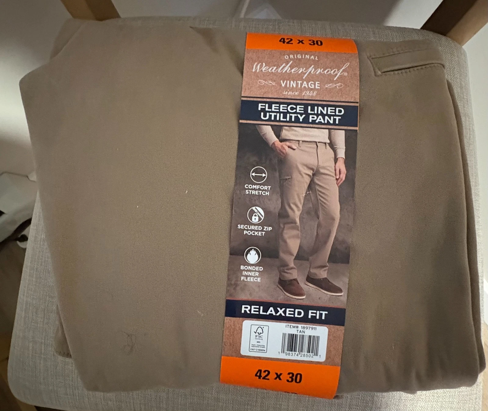 Weatherproof Vintage Men Fleece Lined Canvas Pant Utility Bonded TAN 42X30 NWT!!