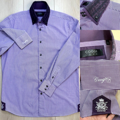 Y2K Coogi Luxe Purple Gingham Preppy Button Down Shirt Men s Large Crest Trim