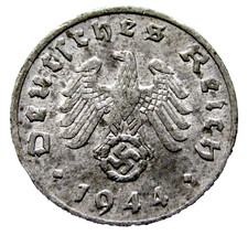 GERMANY THIRD REICH 1944 E 1 REICHSPFENNIG Eagle Holding Swastika ZINC Top Grade