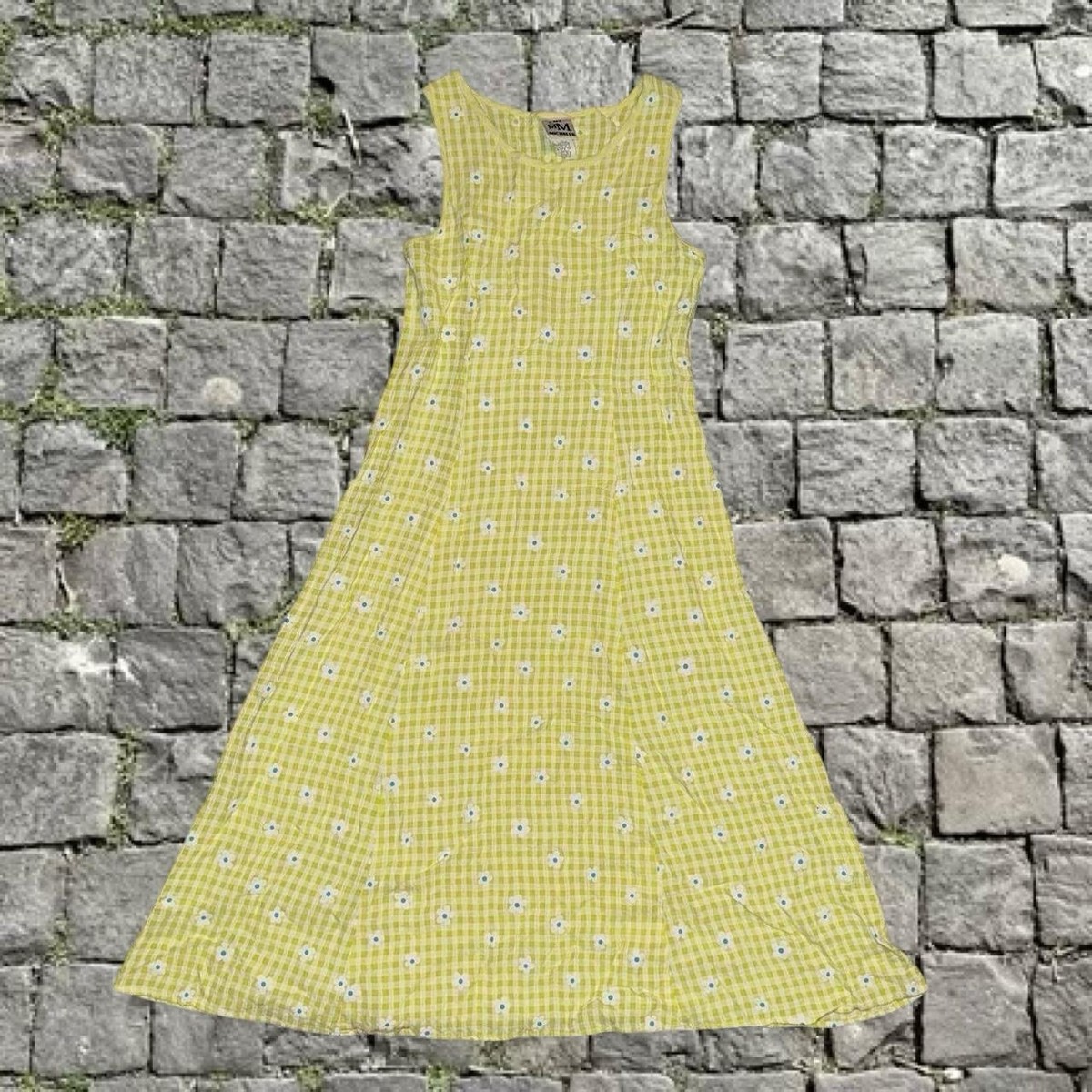 lime green gingham dress My Michelle white plaid sleeveless crinkly a-line ~ XS Maxi dress