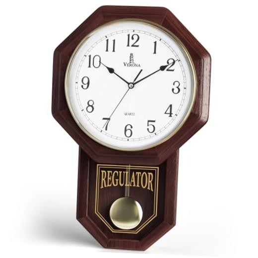 Pendulum Wall Clock, Real Wood Regulator Clock, Quiet, Non-Chiming, Dark Wood
