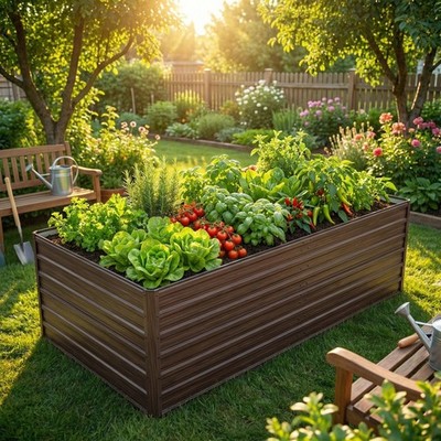 Metal Raised Garden Bed 219x112x64cm Wood Grain Planter Box Patio