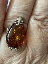 Sterling Silver Amber Ring Size 9 Large Teardrop with Swirls